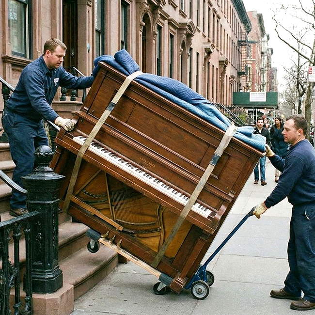 People moving upright piano outside