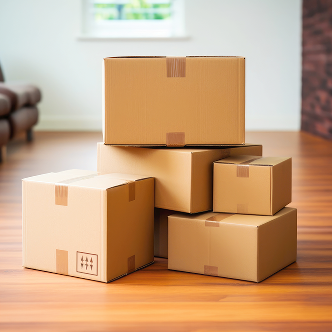 Stacked cardboard boxes on floor