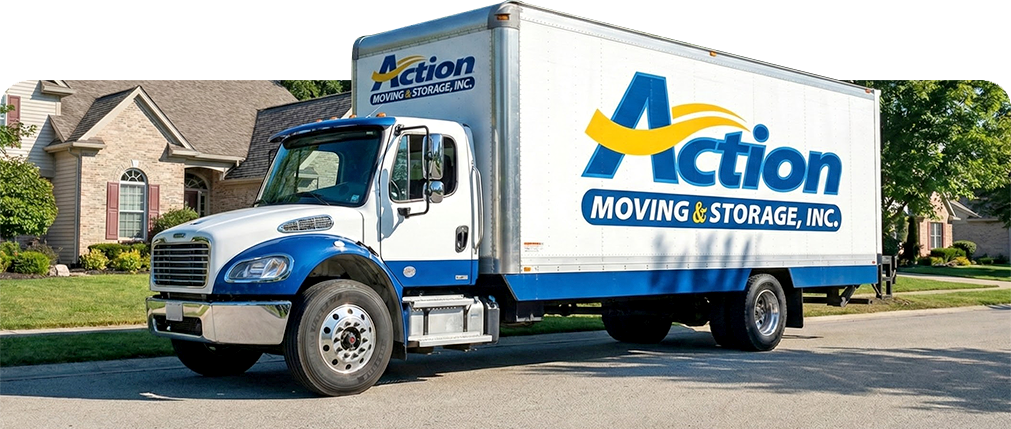 Moving truck parked suburban street